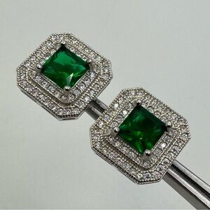 New Silver Plated Green Square CZ Halo Stud Earrings Geometric